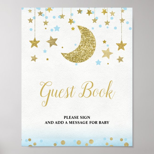Poster Blue Gold Over the Moon Baby shower de livre d'hôt (Devant)
