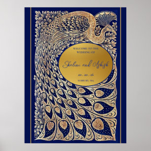 Poster Blue Gold Peacock Art Nouveau Mariage Bienvenue