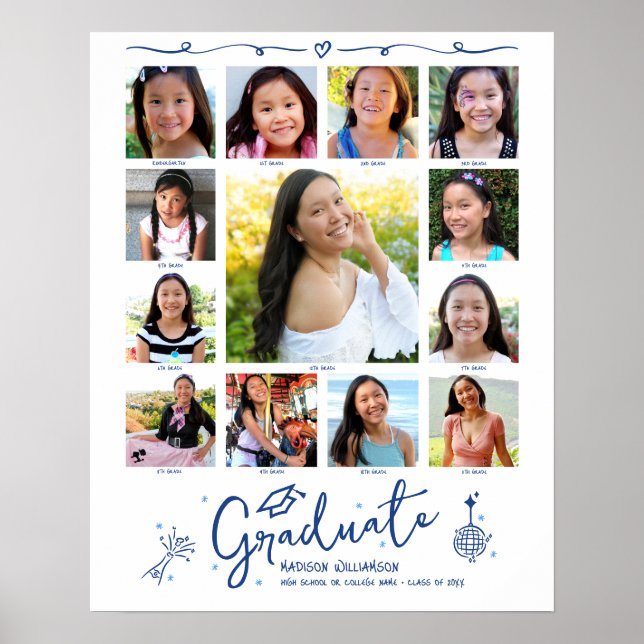 Poster Blue Graduation K–12 Photo Collage Doodles White (Devant)