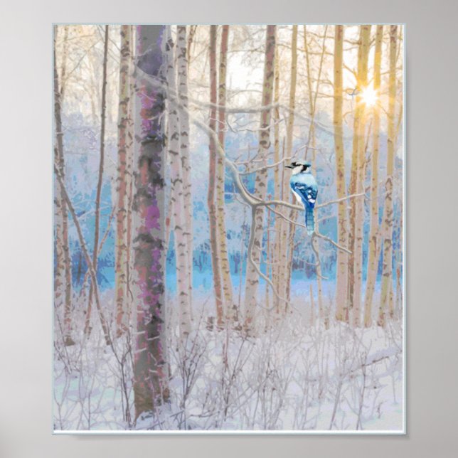 Poster Blue Grey Blue Jay Oiseaux Forêt Arbres Art (Devant)