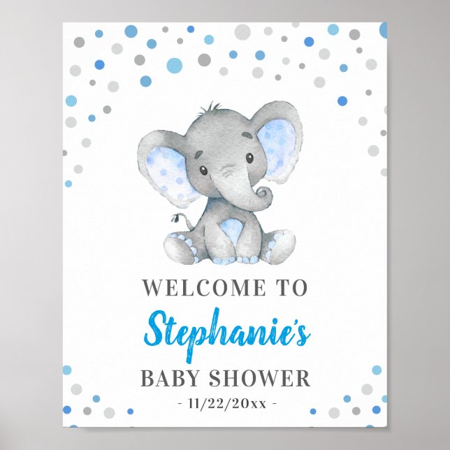 Poster Blue Grey Elephant Polka Dot Baby shower Bienvenue (Devant)