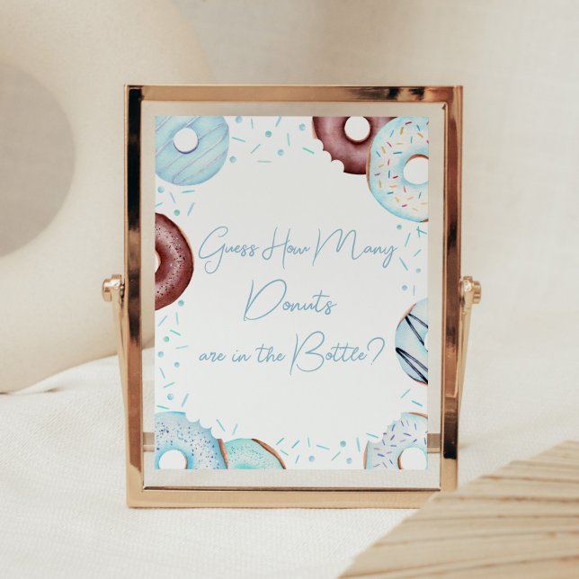 Poster Blue Guess Combien de beignes sont dans la bouteil (Donuts and Diapers Baby Shower Guess How Many Donuts are in the Bottle Sign)