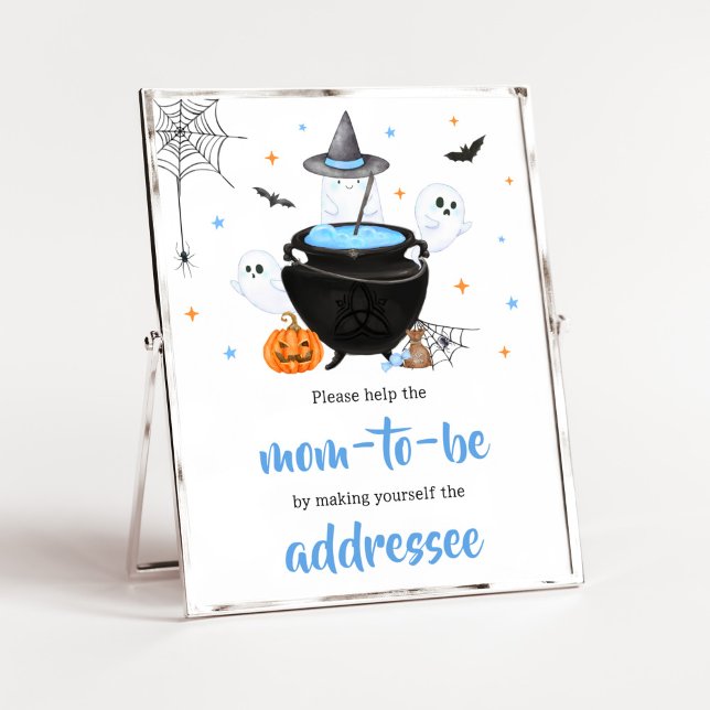 Poster Blue Halloween Baby est Brassant Enveloppe Station (Baby is Brewing Baby Shower Envelope Station Sign)