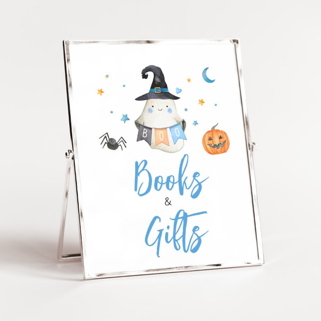 Poster Blue Halloween Ghost Little Books and Gifts (Little Boo Baby Shower Books and Gifts Sign)