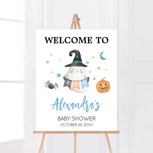 Poster Blue Halloween Ghost Petit Boite Bienvenue (Little Boo Baby Shower Welcome Sign)