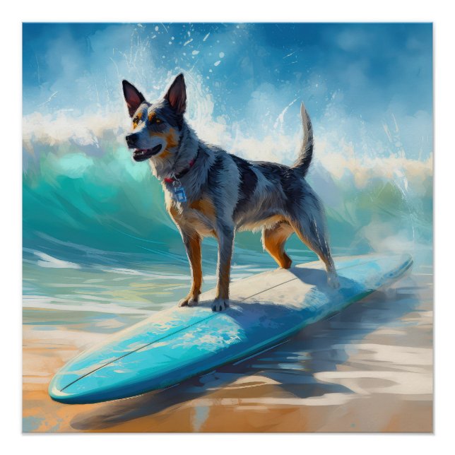 Poster Blue Heeler Beach Surfing Peinture (Devant)