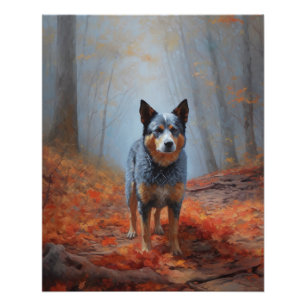 Poster Blue Heeler dans les feuilles d'automne qui tomben