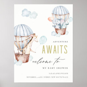 Poster Blue Hot Air Balloon Safari Animaux Baby shower