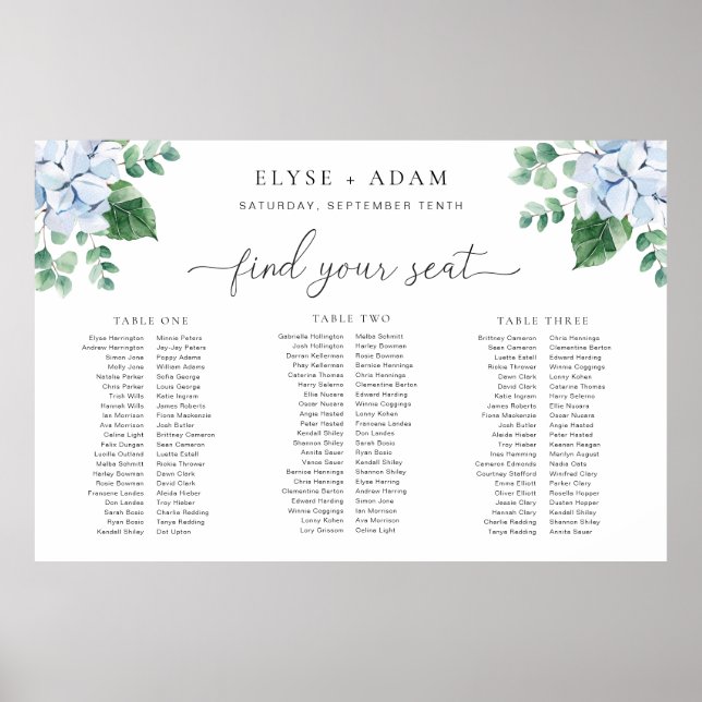 Poster Blue Hydrangea 3 Banquet Table Plan Planche (Devant)