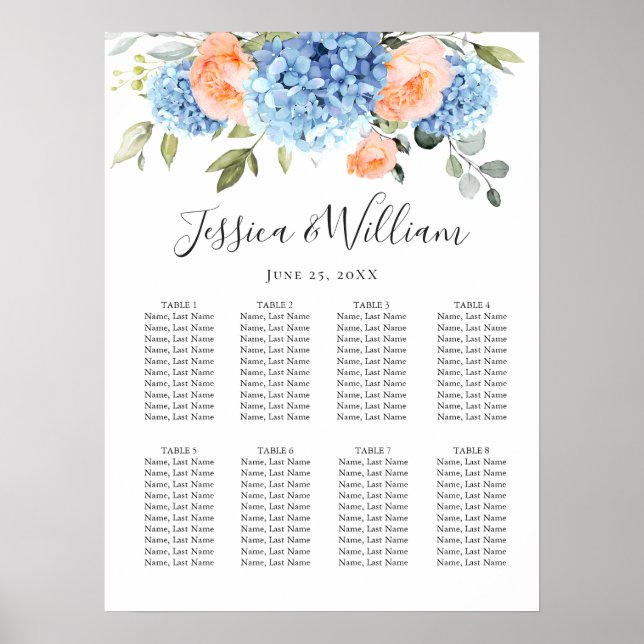 Poster Blue Hydrangea Blush Rose 8 Tables SEATING CHART (Devant)