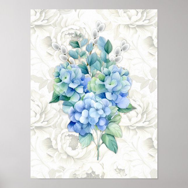 Poster Blue Hydrangea Botanical Ivory Floral Arrière - pl (Devant)