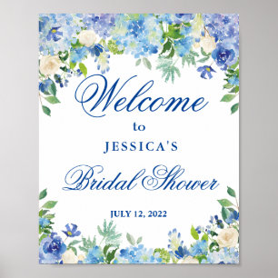 Poster Blue Hydrangea Fête des mariées verte Bienvenue