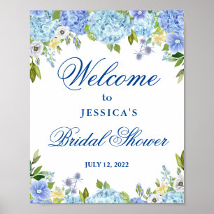 Poster Blue Hydrangea Fête des mariées verte Bienvenue