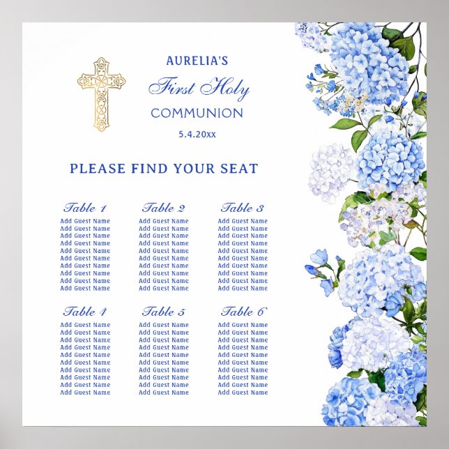 Poster Blue Hydrangea First Communion Seating Chart (Devant)