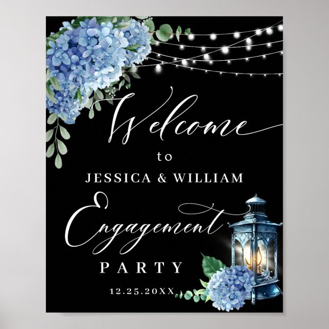 Poster Blue Hydrangea Lantern Black Boho ENGAGEMENT PARTI (Devant)