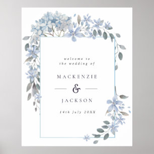 Poster Blue Hydrangeas Frame Watercolor Mariage Bienvenue