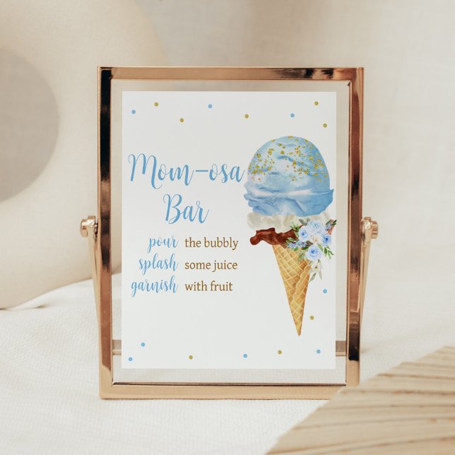 Poster Blue Ice Cream Baby shower Maman Osa Bar (Here's the Scoop Baby Shower Mom Osa Bar Sign)