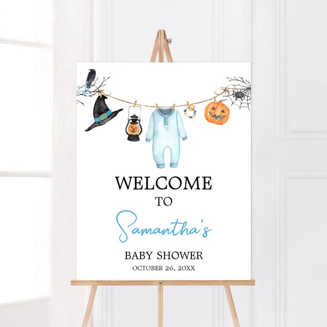 Poster Blue Little Boo Halloween Baby Shower Welcome (Halloween Baby Clothes Baby Shower Welcome Sign)