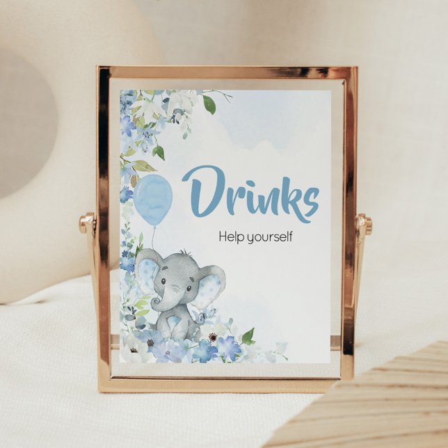 Poster Blue Little Peanut Elephant Baby shower Boissons (Blue Elephant Little Peanut Baby Shower Drinks Sign)