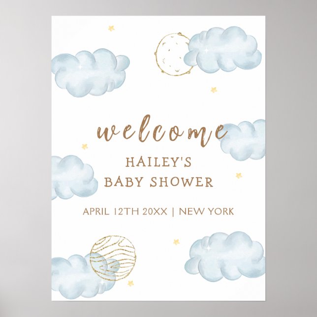 Poster Blue Moon Star Cloud Boy Baby shower Bienvenue (Devant)