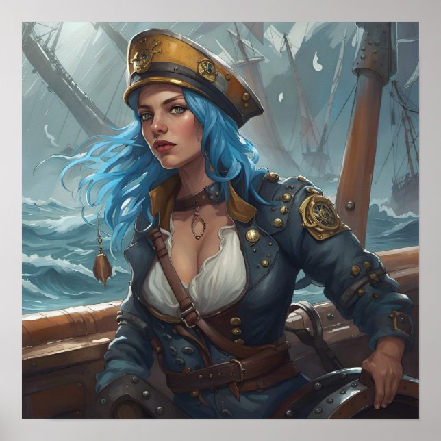 Poster - Blue Nautical Pirate Pin-Up Girl AI Image (Devant)