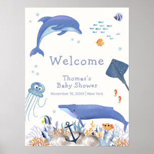 Poster Blue Ocean Dolphin Whale Boy Baby shower Bienvenue
