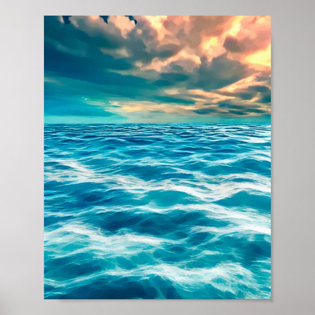 Poster Blue Ocean Seascape Ciel nuageux peinture numériqu (Devant)