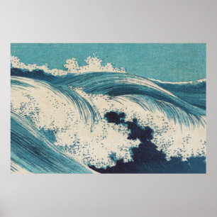 Poster Blue Ocean Waves Japanese Woodcut