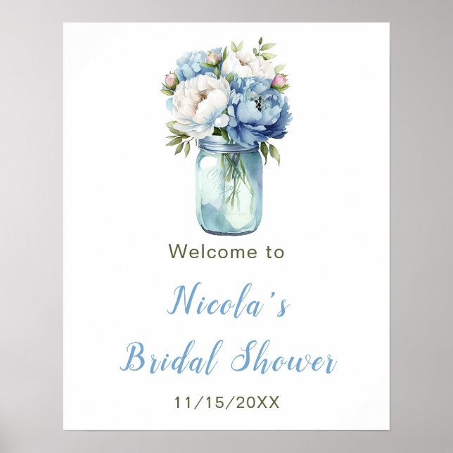 Poster Blue Peonies Mason Jar Fête des mariées Bienvenue (Devant)