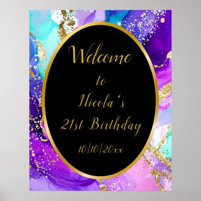 Poster Blue, Purple and Gold Ink Birthday Party Welcome (Devant)