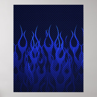Poster Blue Racing Flames on Carbon Fiber