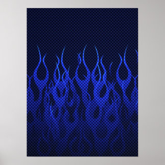 Poster Blue Racing Flames on Carbon Fiber