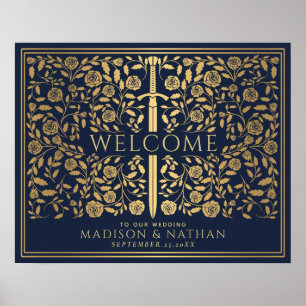 Poster Blue Royal Medieval Gold Sword Wedding Welcome 