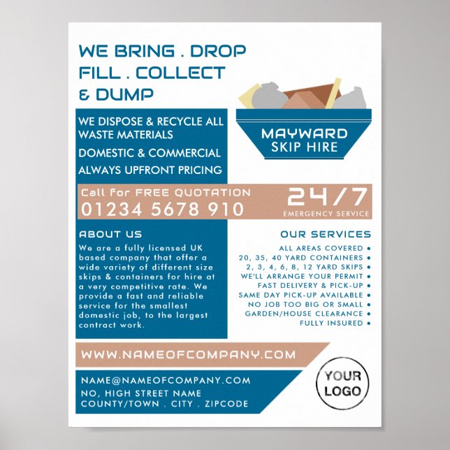 Poster Blue Rubbish Skip Design, Skip/Dumster Company (Devant)