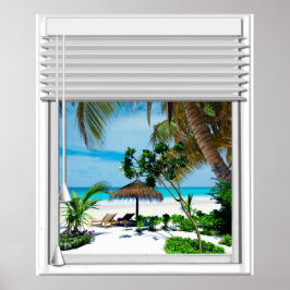 Poster Blue Sea Beach Vue Fausse Fenêtre Avec Aveugles