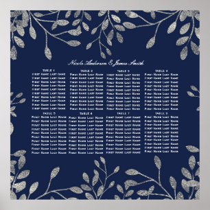 Poster Blue Silver Botanical Floral Leaves Seating Chart