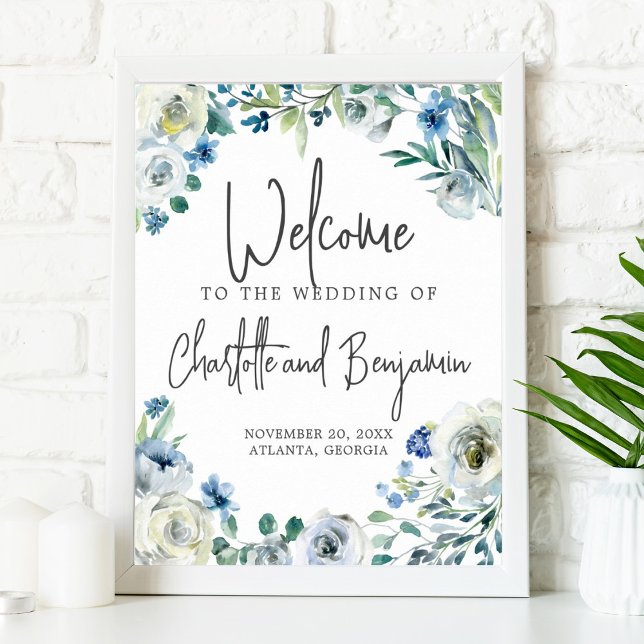 Poster Blue Spring Floral Chic Bienvenue à notre Mariage (Créateur téléchargé)