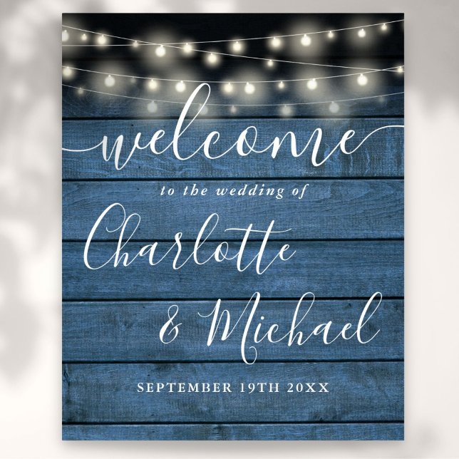 Poster Blue String éclaire l'Affiche de bienvenue Mariage (Blue String Lights Rustic Wedding Welcome Sign)