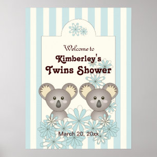 Poster Blue Stripe Baby Koala Twin Kids Party Bienvenue