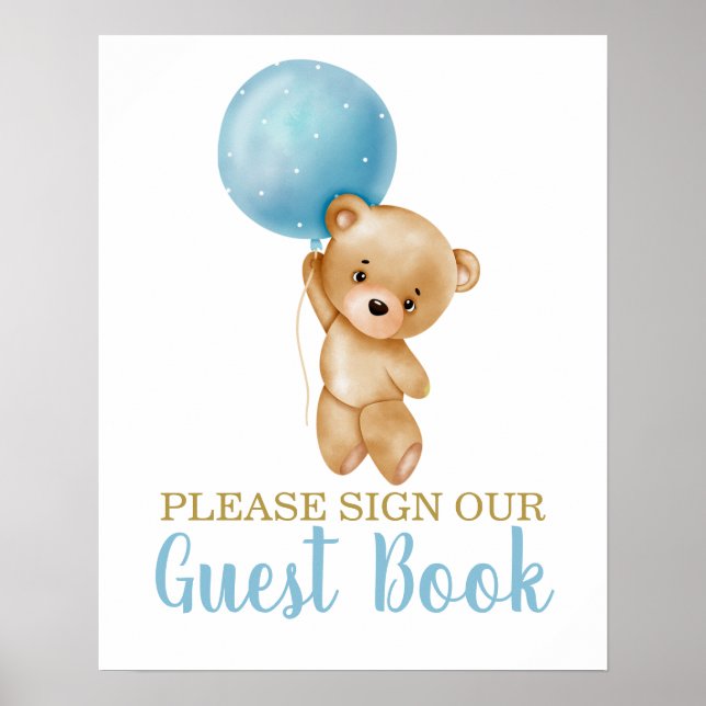 Poster Blue Teddy Bear Baby shower Garçon Signet Livre d' (Devant)