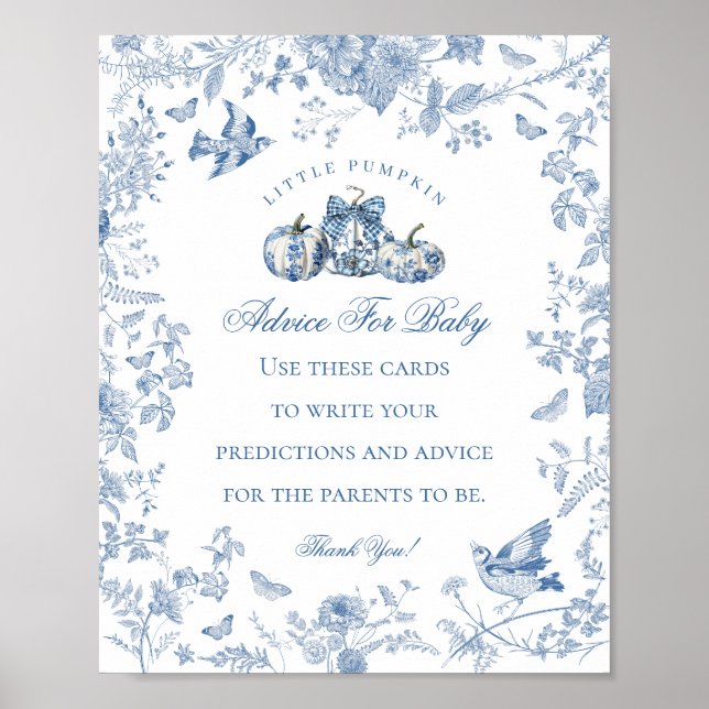 Poster Blue Toile Pumpkin French Fall Advice for Baby (Devant)