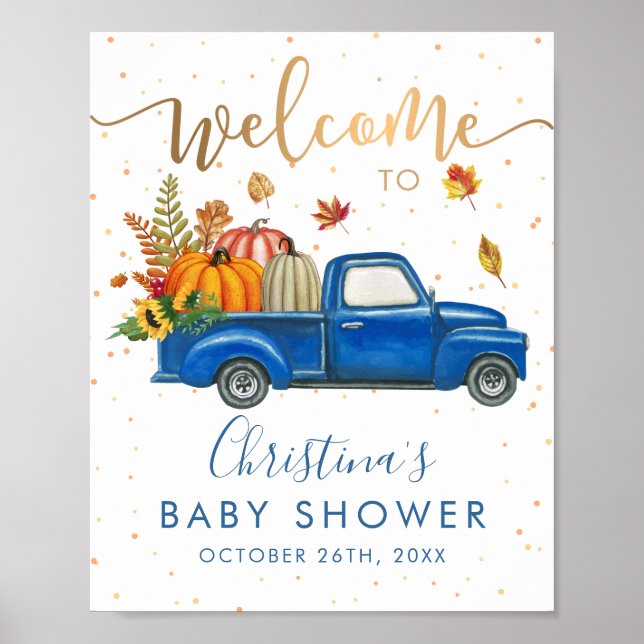 Poster Blue Truck Automne Citrouille Automne Baby shower  (Devant)