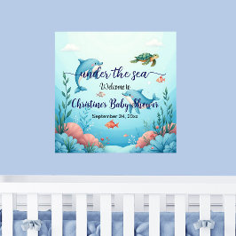 Poster Blue Under the Sea Baby shower Bienvenue
