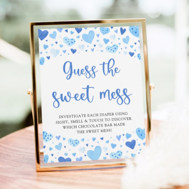 Poster Blue Valentine Guess the Sweet Mess Baby Game (Watercolor Cute Blue Hearts Valentine Sweetheart Boy  Guess the Sweet Mess Baby Shower Game Sign)