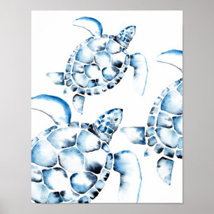 Poster Blue Watercolor Sea Turtle Beach