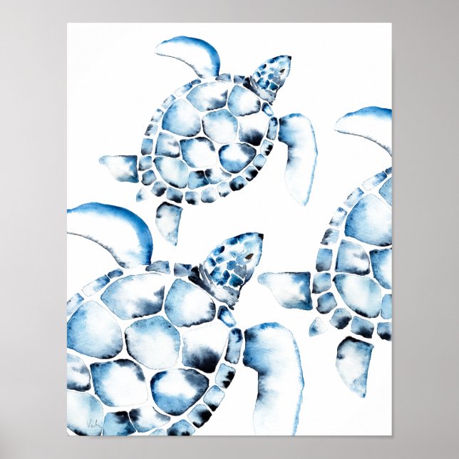 Poster Blue Watercolor Sea Turtle Beach (Devant)