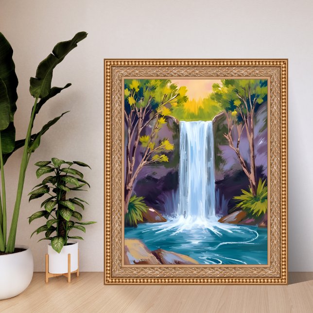 Poster Blue Waterfall | Forest Landscape Nature Painting (Créateur téléchargé)