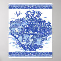 Blue Willow Rabbit Island Whimsical Oriental Art