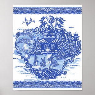 Poster Blue Willow Rabbit Island Whimsical Oriental Art