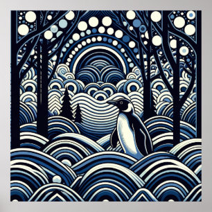 Poster Blue Winter Midnight King Penguin Forêt Abstraite